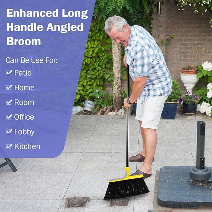 Roshtia 8 Pcs Heavy Duty Broom Set 58 Inch Outdoor Indoor Commercial Stiff Broom With Long Handle Angle Garage Concrete Outside for Sweeping Patio (Yellow)