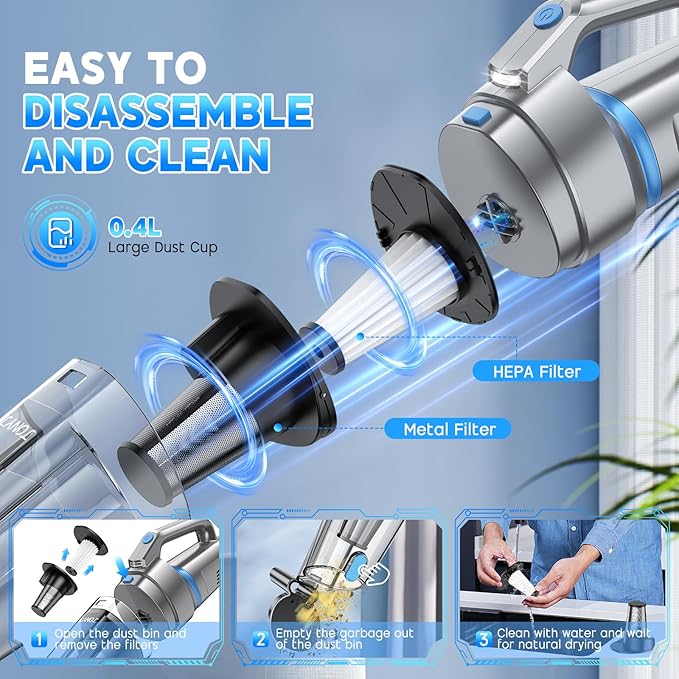 JONYJ Handheld Vacuum Cordless, 16000PA Strong Suction Hand Held Car Vacuum Cleaner, Portable Hand Vacuum Rechargeable with Multi-Nozzles & LED Light for Home, Car, Office, Pets