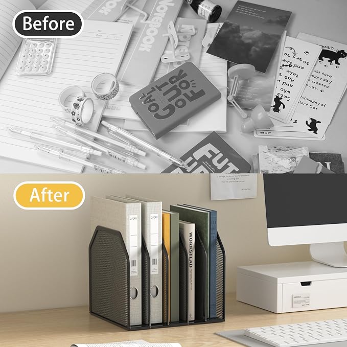 Metal 5-Section File Folder Organizer for Desk | Compact Vertical Desk File Holder | Desktop Paper Sorter for Documents, Notebooks, Books | Black Office Organizer (9.3”x8.5”x7.9”)