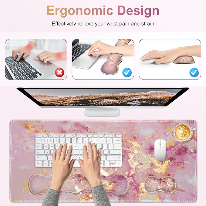 Gaming Mouse Pad Keyboard Wrist Support, 4 in1 Mousepad Set with Wrist Keyboard Rest, Computer Desk Mat, Non-Slip Desk Pad Protector with Memory Foam Easy Typing Pain Relief I Nice Pink Marble