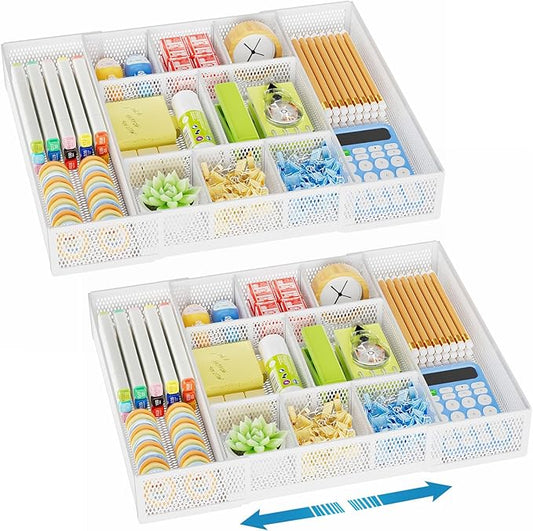 Marbrasse Expandable Desk Drawer Organizer, Mesh Drawer Organizer Tray with 10 Adjustable Compartments, Desk Organizers and Accessories for Office Supplies, Makeup & Vanity (Expandable White-2 pack)