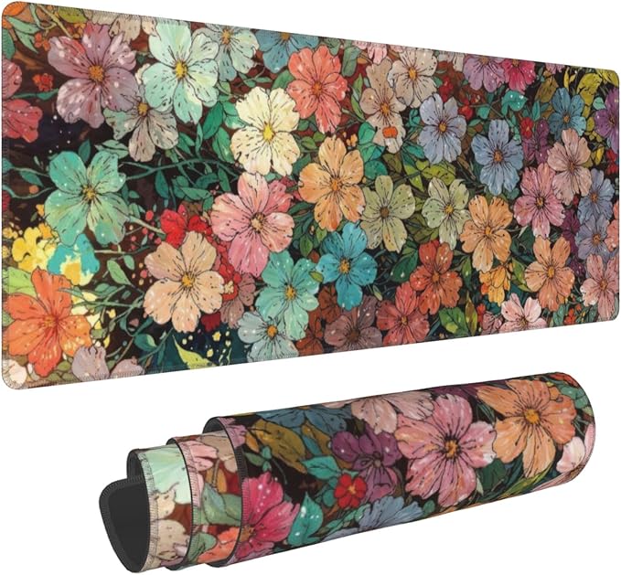 Colorful Flowers Large Mouse Pad, Watercolor Floral Gaming Desk Mat, XL Keyboard Desk Pad Mat for Desktop, 31.5"x11.8" Non-Slip Base Big Mousepad with Stitched Edges