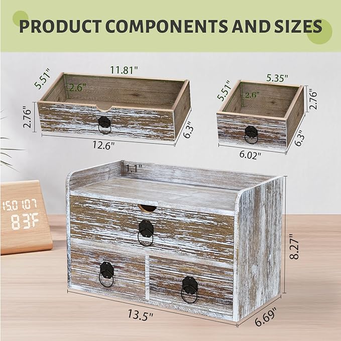 Washed Brown Wood Desk Organizer, Desktop Organizer with Drawers, Mini Tabletop Storage Organization Container for Home Office Supplies, No Assembly Required (3 Drawer and Shelf)