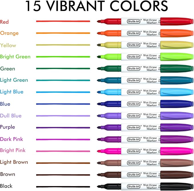 Shuttle Art Wet Erase Markers, 15 Colors 1mm Fine Tip Smudge-Free Markers, Use on Laminated Calendars,Overhead Projectors,Schedules,Whiteboards,Transparencies,Glass,Wipe with Water