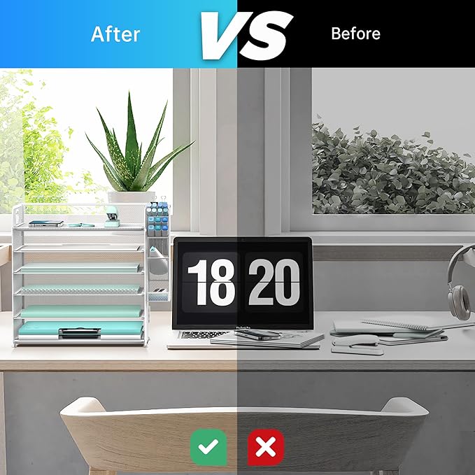 SUPEASY 6 Tier Paper Organizer with 4 Pen Holders, Mesh Letter Tray with Handle, Paper Tray Organizer for A4 Files, White