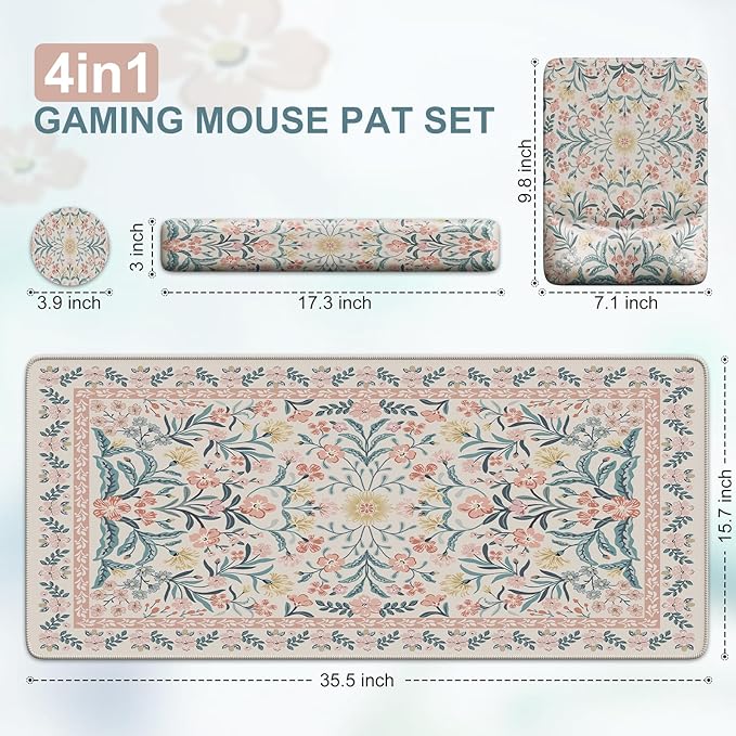 iCasso Mouse Pad with Wrist Rest,Large Desk Mat Set,Ergonomic Keyboard Pad with Wrist Support,Non-Slip Mouse Mat for Women,Cute Floral Computer Mat for Home Office Gaming (Pink Floral)