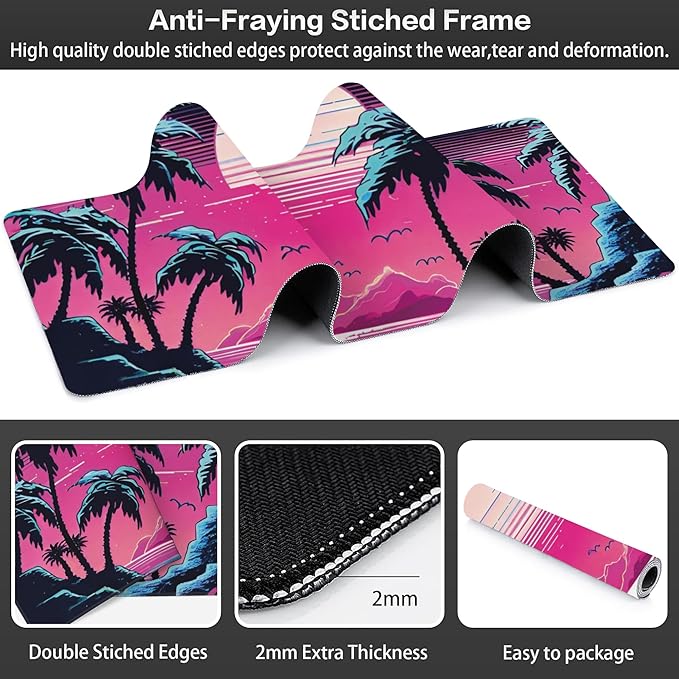 Desk Mat, Tropical Sunset and Palm Trees Extended Large Gaming Mouse Pad for Desk XXL, Non-Slip Rubber Base Stitched Edges Long Computer Keyboard Desk Pad Mouse Mat for Home Office Gaming 35.4"X15.7"