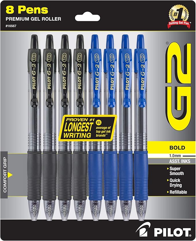 Pilot G2 Premium Gel Roller Pens, Bold Point, Gel Ink Pens, 1 mm, Pack of 8, Black, Blue - Ideal for School, Journaling & Office Writing