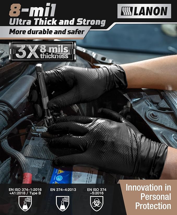 LANON Protection Heavy Duty Black Nitrile Gloves, Food Safe, Latex Free, Powder Free, Mechanic, Fully-Diamond Textured Grip Industrial Disposable Gloves, 8mil, Large