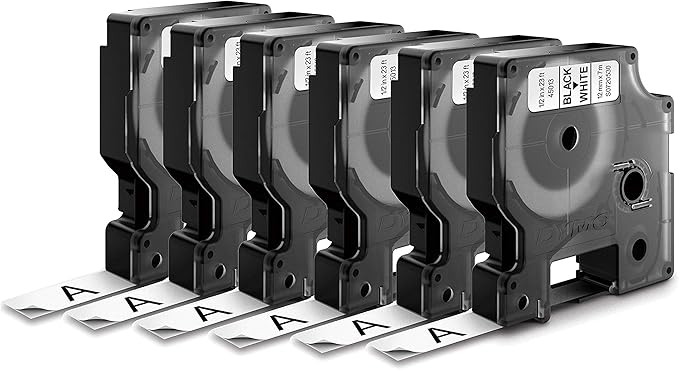 DYMO Labels for LabelManager and LabelWriter Duo Label Makers Great for Organization Indoor or Outdoor Use 1/2" (12mm) x 23' (7m) Black Print on White Tape Water Resistant Pack of 6
