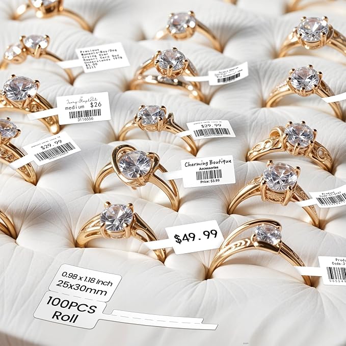 Phomemo m110 Thermal Labels, Jewerly Price Tag Labels Compatible with M100/M110/M250 Label Printer,Self-Adhesive Sticker Label for Cable,Black on White, (11/8" x 7/8"+13/4"), 100 pcs/Roll, 1-Pack