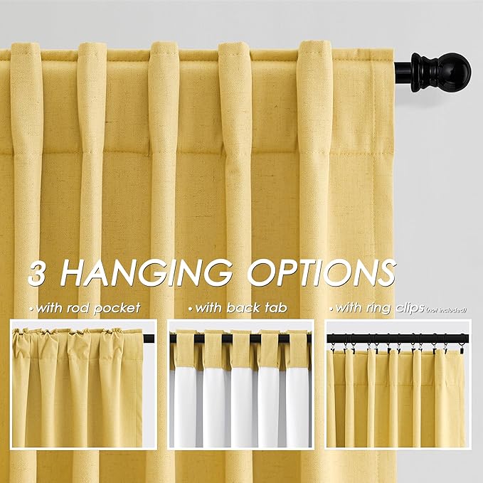 Gold Yellow Linen Blackout Curtains 102 Inches Long Thermal Insulated Back Tab Rod Pocket Flax Linen Sound Absorbing Blackout 2 Panels Set for Dining Room Modern Urban Curtains Drapes 52x102