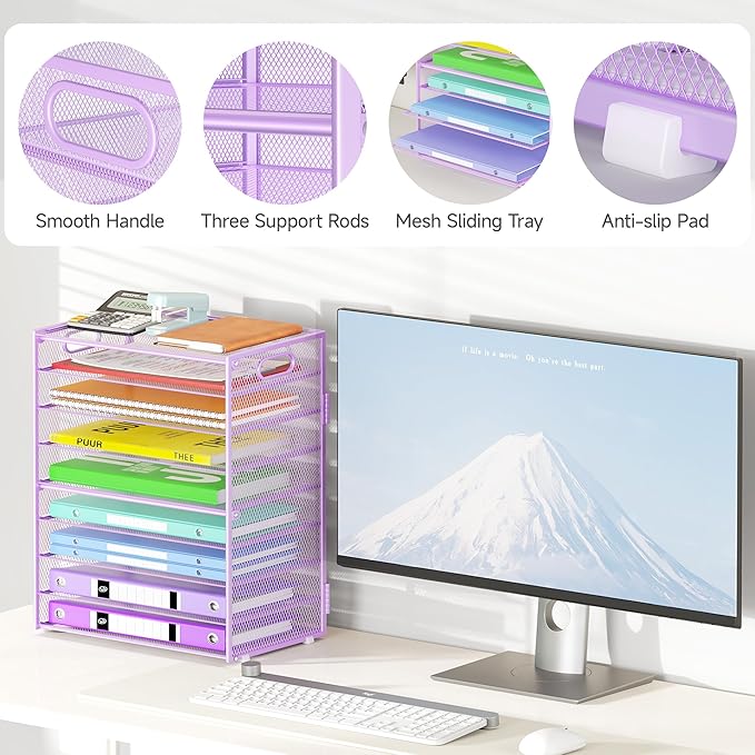 9 Tier Paper Organizer with Handle, Large Capacity Desk Organizer Mesh Paper Letter Tray File Folder Document Sorter for Classroom and Office Accessories Organization- Purple (2 Pack)