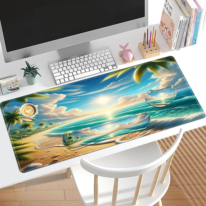 Large Mouse Pad and Keyboard Wrist Rest, Extended Mouse Pad with Wrist Support Ergonomic, Non-Slip Desk Mat, Desk Protector Blotter for Home Office, Sunny Beach