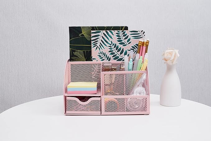Annova Mesh Desk Organizer Office with 7 Compartments + Drawer/Desk Tidy Candy/Pen Holder/Multifunctional Organizer (Light Pink)