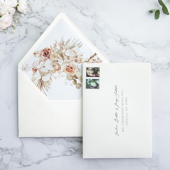 PONATIA 50PCS A7 Euro Flap Ivory Envelope, 5.25 x 7.25'' Boho Flowers Liner Envelopes for Wedding Invitations, Photos, Postcards, Greeting Cards, Acrylic Mailing, 5 x 7 Envelopes