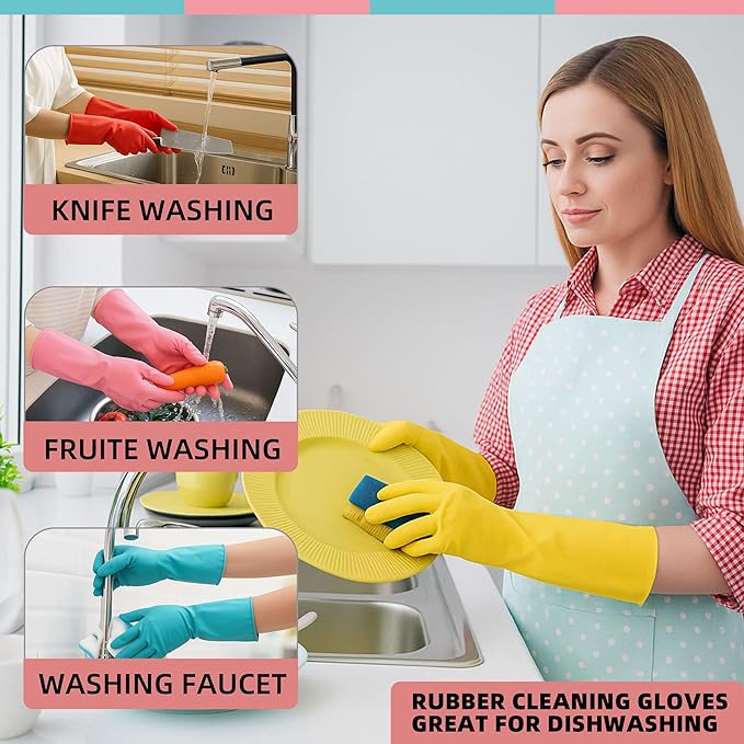 Rubber Cleaning Gloves for Dishwashing-5 Pairs Colorful Reusable Household Cleaning Glove for Washing Dishes and Kitchen Cleaning Non-Slip Grip Dish Gloves for Women Men (Large)