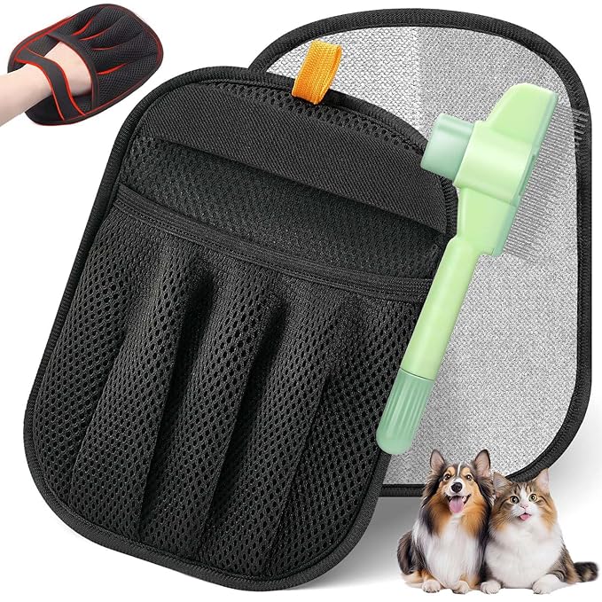 Jadesiegel 2-in-1 Flea Comb & Electrostatic Glove Set for Cats & Dogs | Removes Fleas, Tangles, Loose Hair & Dander | Bonus Pet Hair Remover for Furniture, Carpet & Bedding