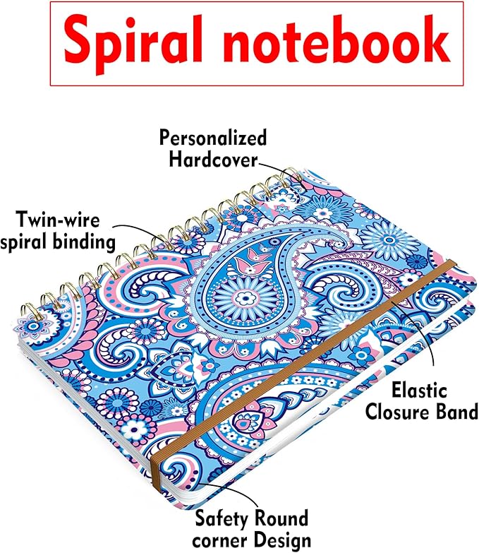Spiral Journal Notebook for Women, Hardcover A5 College Ruled Notebook, 120 Pages, Thick Paper, Cute Lined Journal for School, Office & Work, 6 x 8.4 in(Asian Paisley)