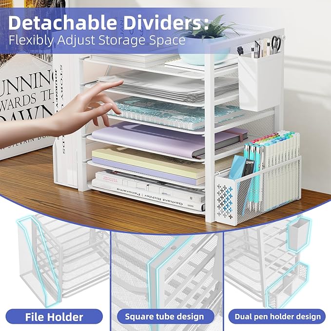 Simple Trending 6 Tier Desk File Organizer, Paper Letter Tray Organizer with File Holder and Pen Container, White