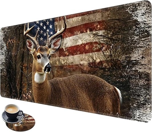 Desk Mat Large Gaming Mouse Pad (31.5x11.8 inch) with Stitched Edges, XL Mouse Pad +Coaster, Extended Mouse Mat Keybroad Mousepad Non-Slip Rubber for Gamer Men Women, Deer Retro American Flag