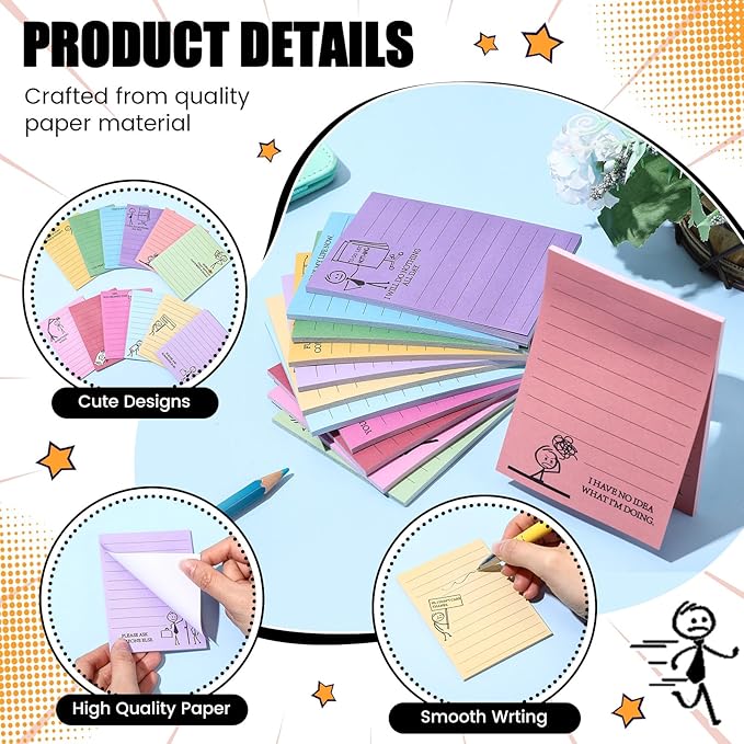 12 Pcs Funny Sticky Notes for Work 4x3 Inches Sarcastic Self Adhesive Notepads Novelty Memo Note Pads for Office Coworker Gifts Employee Appreciation Supplies(Stick Man,Bright Color)