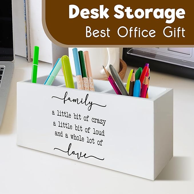 Family Signs Wooden Pen Holder for Home Decor Farmhouse Desk Shelf Decorations for Shelf Decorations, Family a Little Bit of Crazy Rustic Desk Decor for Home Office Table Pencil Holder