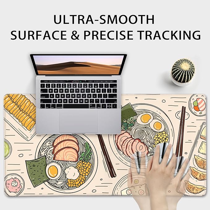 Japanese Ramen Large Gaming Mouse Pad 31.5"x15.7"｜Illustrated Food Pattern XXL Desk Mat, Non-Slip Rubber Base & Stitched Edges - Extended Waterproof Mousepad for PC/Laptop/Office/Home Decor