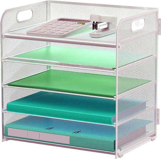 Letter Tray Paper Organizer 5-Tier Desk Organizer File Organizer Paper Holder with Handle, Metal Desktop Document Shelf Tray Office Classroom Organization - Silver