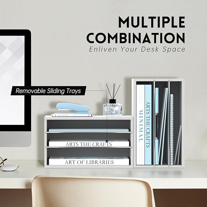 SUPEASY Wood Desk Organizer, 3 Tier Paper File Organizer for Desk, Wooden Desktop Organizer, Paper Letter Literature Mail Sorter, for Office School & Home Organization, White