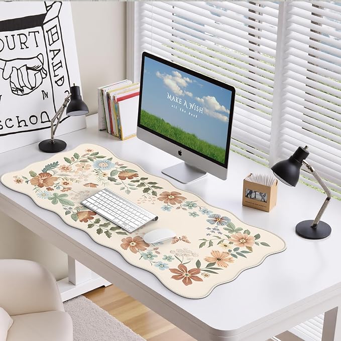HAOCOO Scalloped Desk Matt for Desktop, Non-Slip Mouse Pad, Washable Cute Desk Pad Mat, Floral Keyboard Mat with Edge Stitching, Large Mouse Mat for Office Aesthetics, Home Decor(Beige)