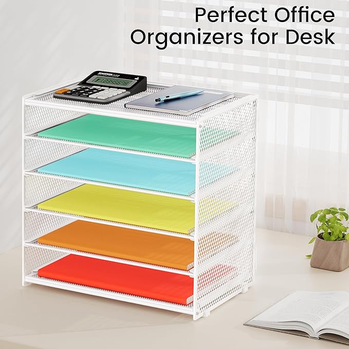 2 Pack 6 Tier Paper Organizer, Metal Mesh Desk File Folder, Letter Tray Organizer, Paper Sorter Desk Organizers for Office, Home or School File Folder Holder - White