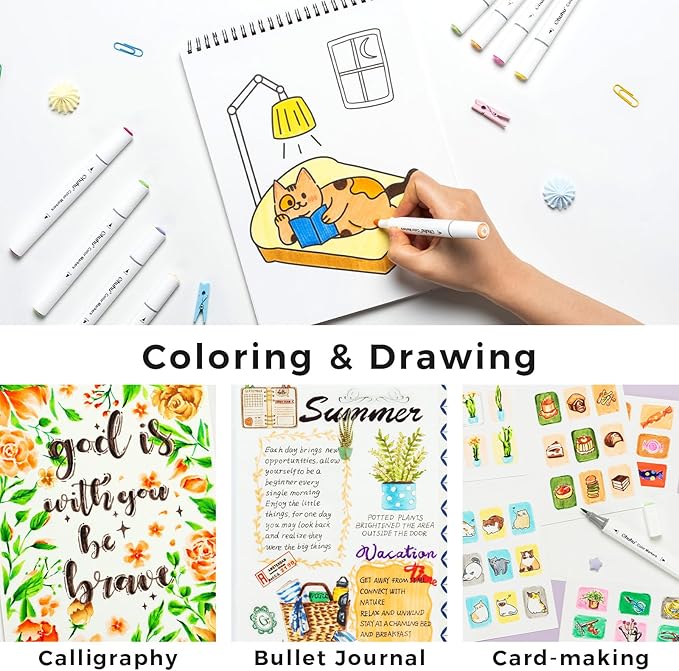 Ohuhu Markers for Adult Coloring Books No Bleeding 60 Colors Water-based Dual Tips Brush & Chisel Coloring Markers for Kids Adults Beginners Drawing Pens for Journaling Lettering