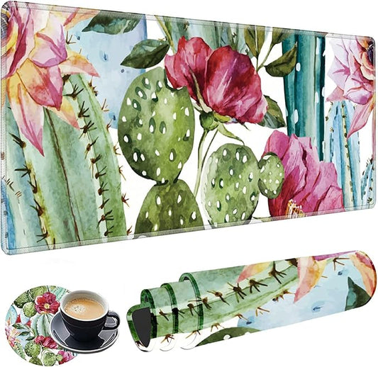 Big Desk Pad (31.5 X 11.8 Inch) Mat Accessories for Women Men - Protector Extended Mouse Pad for Office/Home, Writing Pad for Top of Desks +Cup Coaster, Cactus Flower
