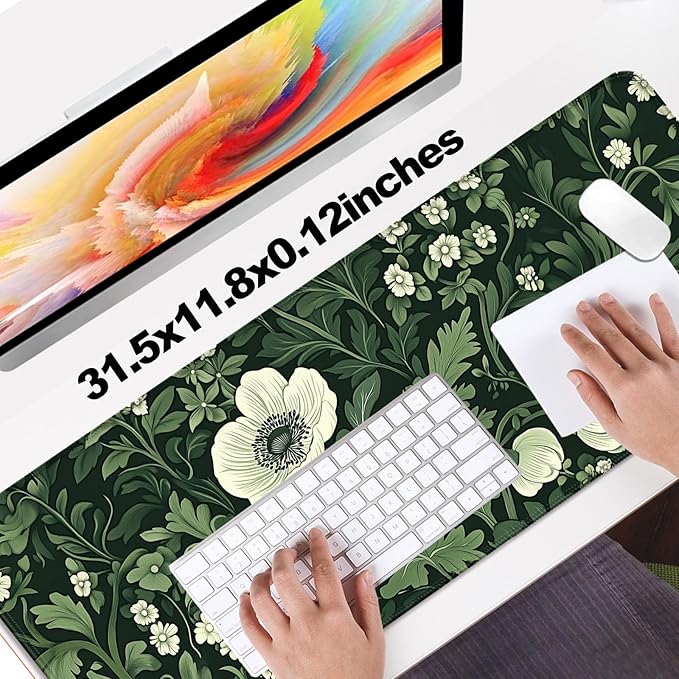 Green Plant Wildflower Gaming Desk Mat, Computer Keyboard Large Extended Long Floral Mouse Pad for Office and Home, XL (W26)
