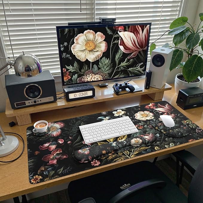 iCasso Desk Cover Mat, 4in1 Floral Large Mouse Pad with Wrist Rest, Desk Matt for Desktop, Anti-Slip XXL Big Computer Ergonomic Mousepad with Wrist Support for Keyboard and Mouse (Elegant Flowers)