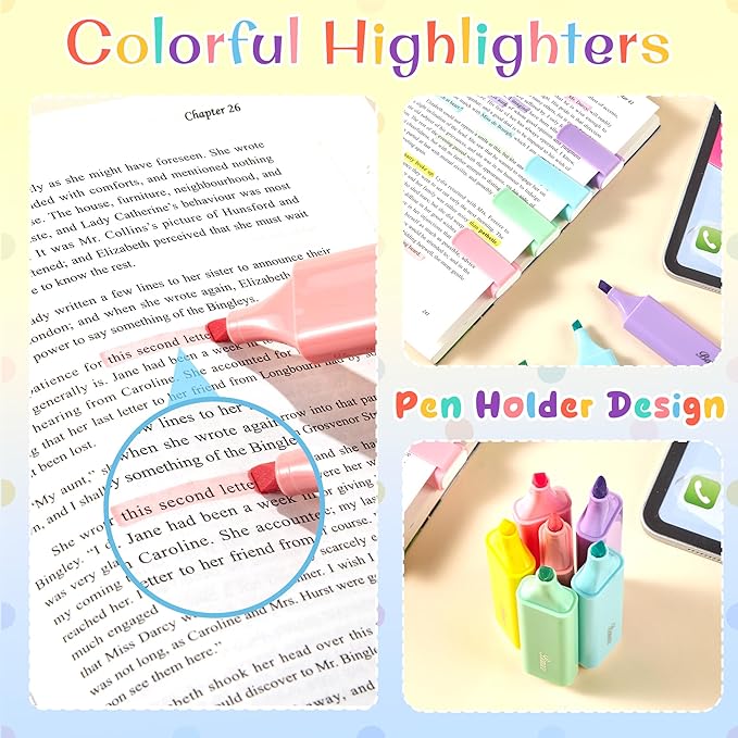 Pastel Highlighters,Chisel Tip Marker Pen,6 Assorted Macaron Colors Highlighter Pens,Mini Markers,Water Based, Quick Dry,Back to School Supplies