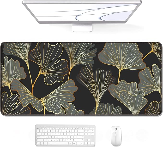 Auhoahsil Desk Pad, XL Extended Large Gaming Mouse Pad 31.5 x 11.8 Inch, Waterproof Mousepad with Stitched Edge, Non-Slip Computer Keyboard Laptop Mat for Women Men Office Work, Colorful Ginkgo Leaves