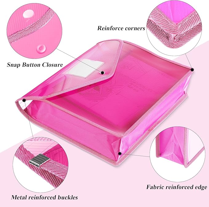 10 Pieces Plastic File Folders Envelope Expanding File Wallet Organizer Documents Folder with Snap Closure and Pocket, A4 Size Waterproof Transparent Pouch(Pink,Horizontal)