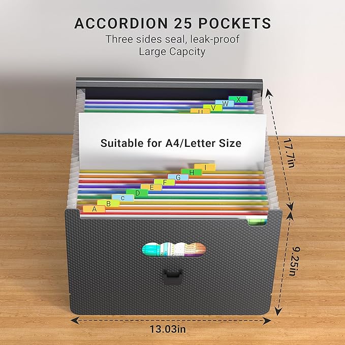Expanding File Folders,Accordion File Organizer,25 Pockets Expandable File Folder with Plastic Handle,Portable Filing Box,Monthly Bill Receipt Paper and Document Organizer,Colored Tabs,A4/Letter Size