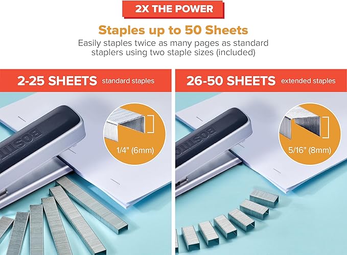 Bostitch Titan Heavy Duty Metal Stapler, 50 Sheet Capacity with 1250 Staples and Ergonomic Staple Remover, Jam Free Stapling, Full Strip Stapler for Desk, Office and Classroom, Silver