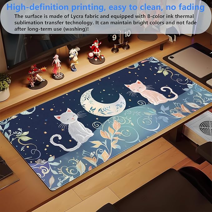 XL Desk Mat Large Gaming Mousepad with Cute Cat & Moon Design, Boho Plants & Nature Pattern, Non-Slip, Stitched Edges, for Keyboard and Mouse, 31.5 x 15.7 in