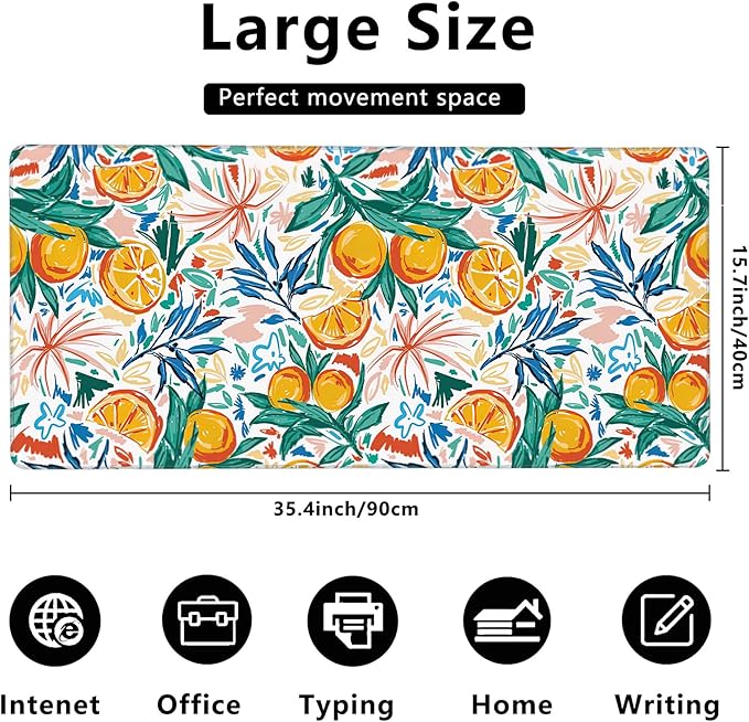 MIOAOSRT Desk Mat,Colorful of Summer Fruits Orange and Leaves Gaming Mouse Pad,XXL Extended Mouse Pad Mat for Office,Computer,Keyboard with Non-Slip Base Stitched Eges Mousepad 35.4x15.75 inch