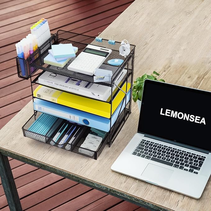 Desk Organizer with Mesh File Holder, Paper Letter Tray with 5 Tier Racks Shelves, 1 Sliding Drawer and Extra Pen Holder for Office Supplies (KPD Black)