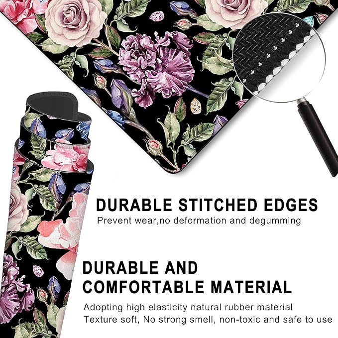 Gaming Mouse Pad, Watercolor Rose Peony and Iris Flower Large Desk Mat for Keyboard and Mouse,Non-Slip Rubber Base and Stitched Edges Desk Pad for Home Office 35.4x15.7in