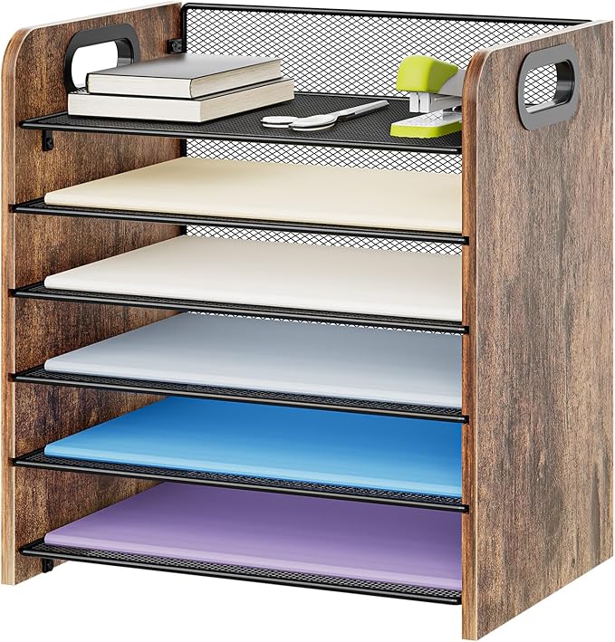 Marbrasse 6 Tier Paper Organizer Letter Tray - Wooden Desk File Organizer with Handle, Paper Sorter Organizer for Letter/A4 Office File Folder Holder