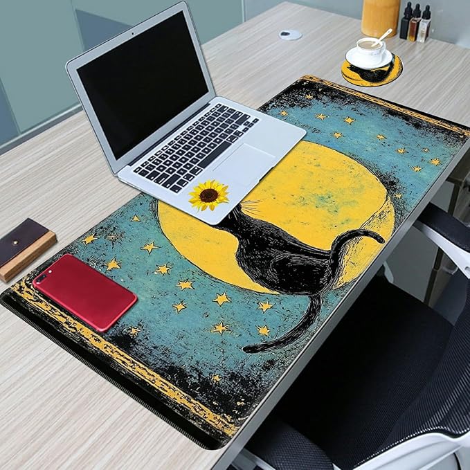 Desk Mat Large Gaming Mouse Pad (31.5x11.8 inch) with Stitched Edges, XL Mouse Pad +Coaster, Extended Mouse Mat Keybroad Mousepad Non-Slip Rubber for Gamer Men Women, Black Cat Moon