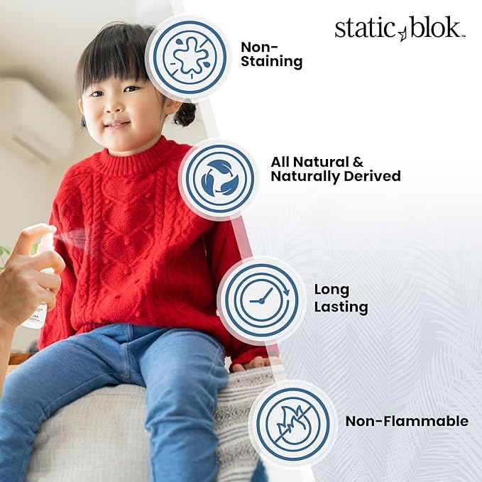 Anti-Static Spray for Clothes - Instantly Eliminate Static Cling, Flyaways, and Shocks from Clothes, Fabrics, Linens, Blankets & Rugs- All-Natural Formula - Lasts All Day- 8oz
