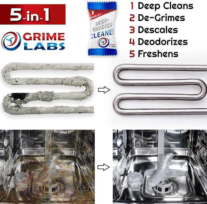 GRIME LABS Dishwasher Cleaner Deodorizer Descaler Tablets, 24 pack Heavy Duty Deep Clean and Natural Limescale Remover, Dish Washer Cleaner Machine Pods, 12 Months Supply