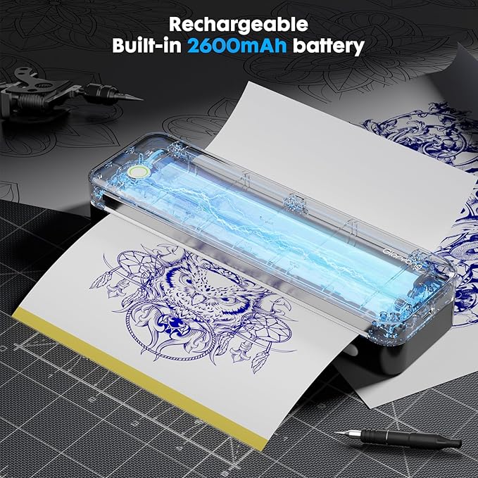 Wireless Tattoo Transfer Stencil Printer, Portable Thermal Tattoo Machine for Tattoo Beginners with 40pcs Stencil Paper, Compatible with Smartphone & PC, Rechargeable & Inkless, Black